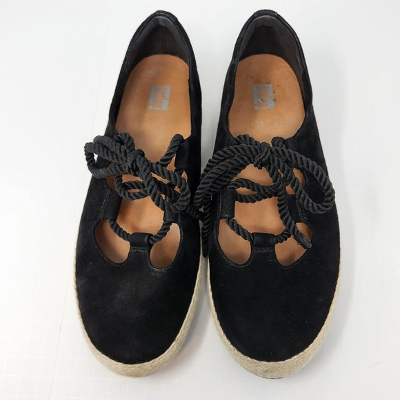 FitFlop Womens Fia Black Suede Lace Up Ballet Flats Size 7.5 Espadrille Comfort - Picture 2 of 9